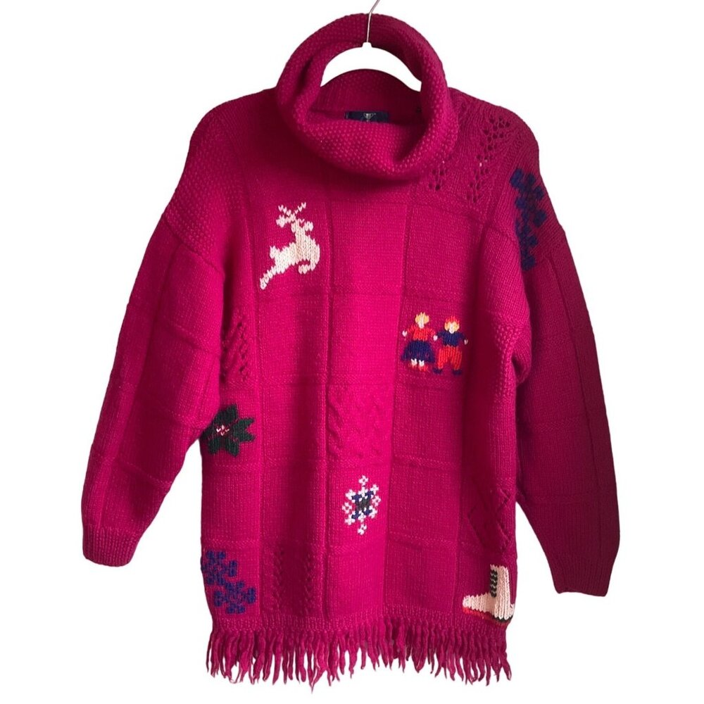 VTG Regatta Sport Medium Wool Sweater Chunky Hot pink Novelty Stand Turtleneck F